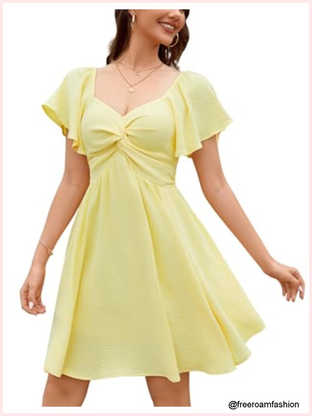 Sweetheart Knot Front Dress Flutter Sleeve Tie Back A-Line Mini Dress Chiffon - Picture 4 of 6
